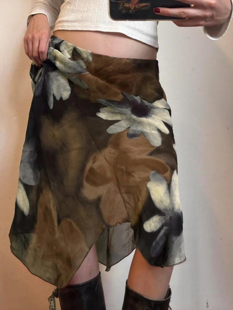 Y2k Sweet Mori Girl Style Slight Strech Slim Flower Print A-LINE Gauze Skirts