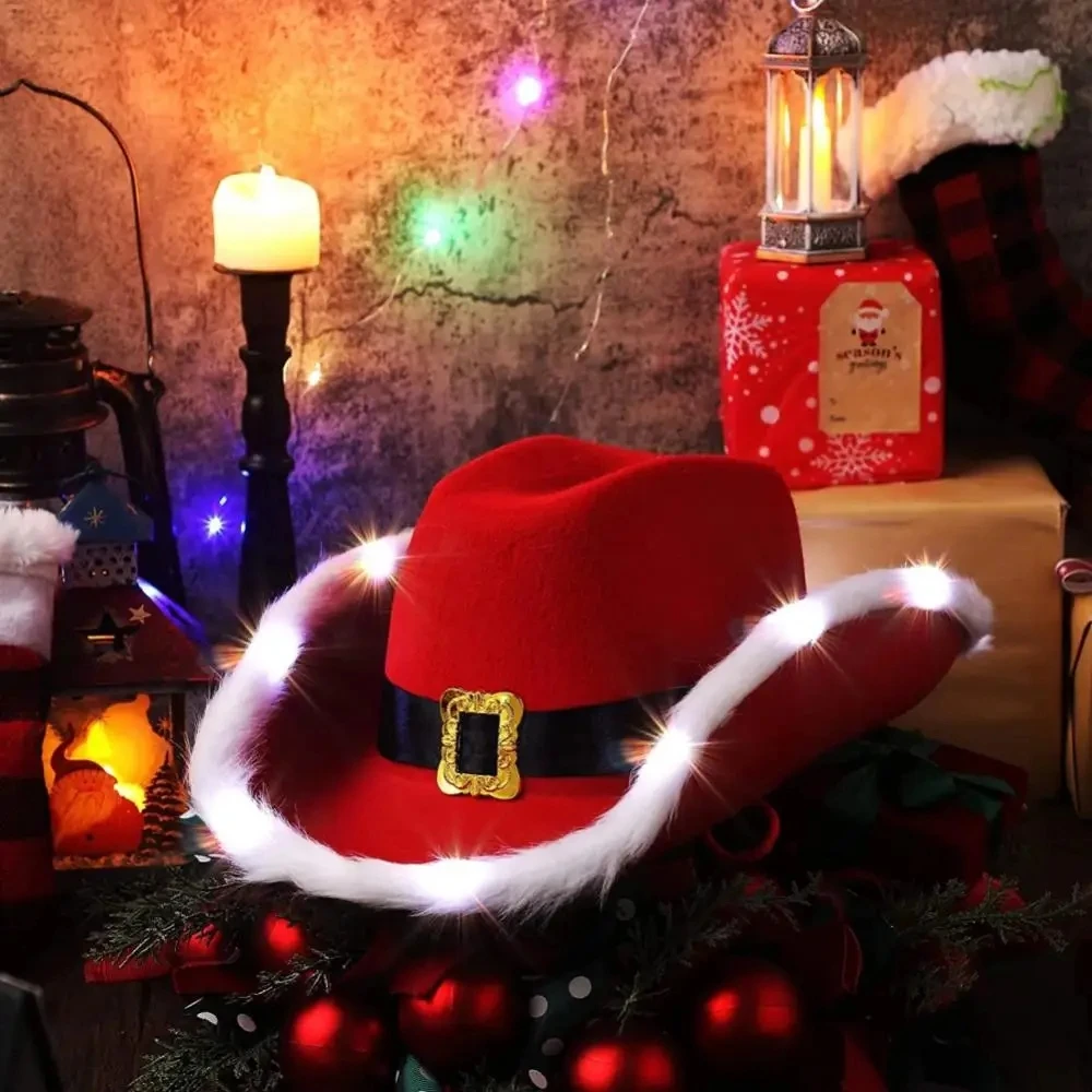 Fashion Christmas Cowboy Hats LED Luminous Red Velvet And White Feather Santa Hat Women Girls Cosplay Tiara New Year Party Decor
