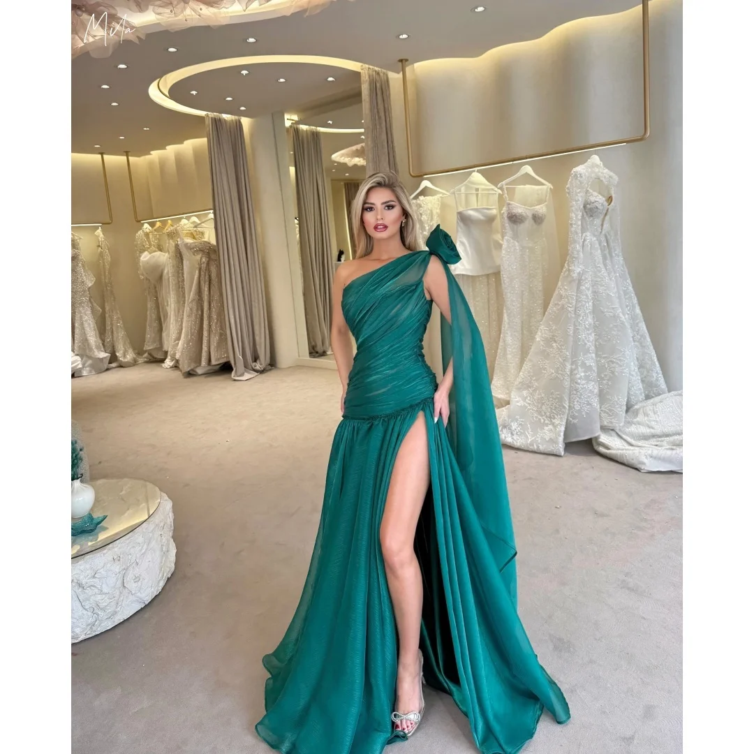 

Mila Women Emerald One-Shoulder Chiffon Gown Prom Dresses High Slit Cape Customized Formal Evening vestidos de gala for Wedding