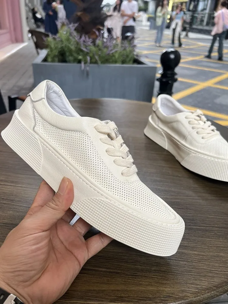 Fashion Men Daily Wear Breathable Genuine Leather Round Toe Solid Color Casual Shoes Versatile Cowhide Platform Lace-Up Sneakers