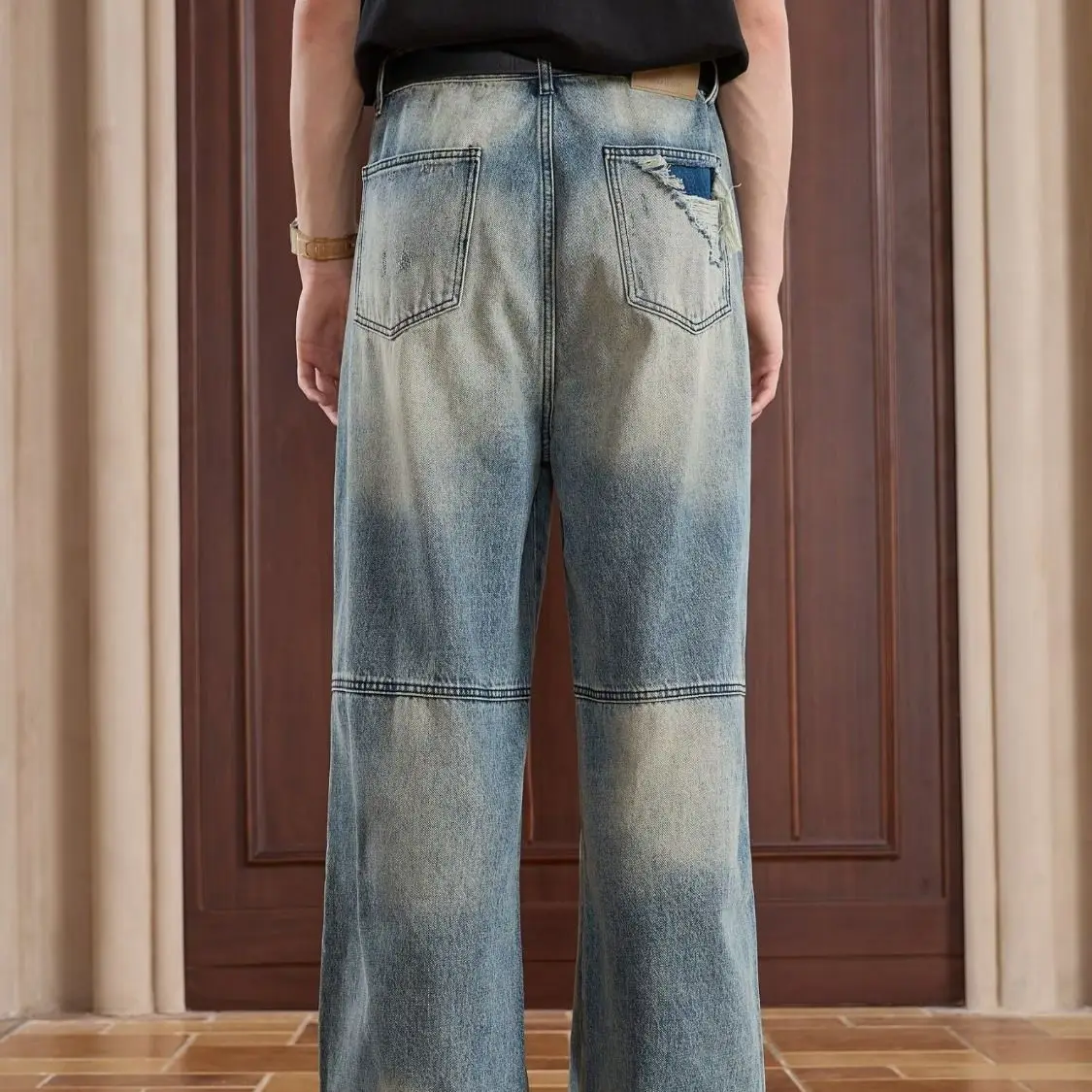 Men's Ripped Patch Blue Jeans Casual Pants Young Boy Bottom Summer Street Sweatpants Male High Waist Y2k Cool Trousers