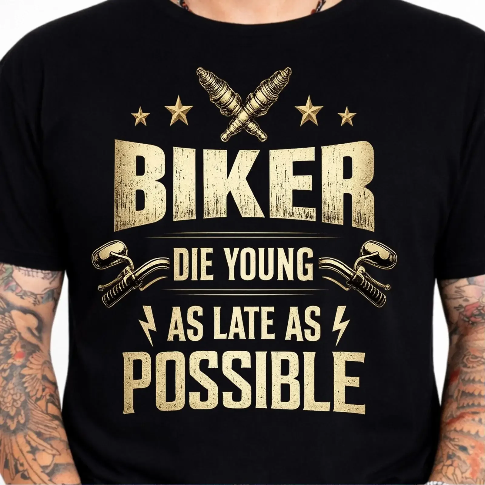 Funny biker t shirt motorcyclist gift die young as late possible vintage vintage Washed Slightly Soft Breathable