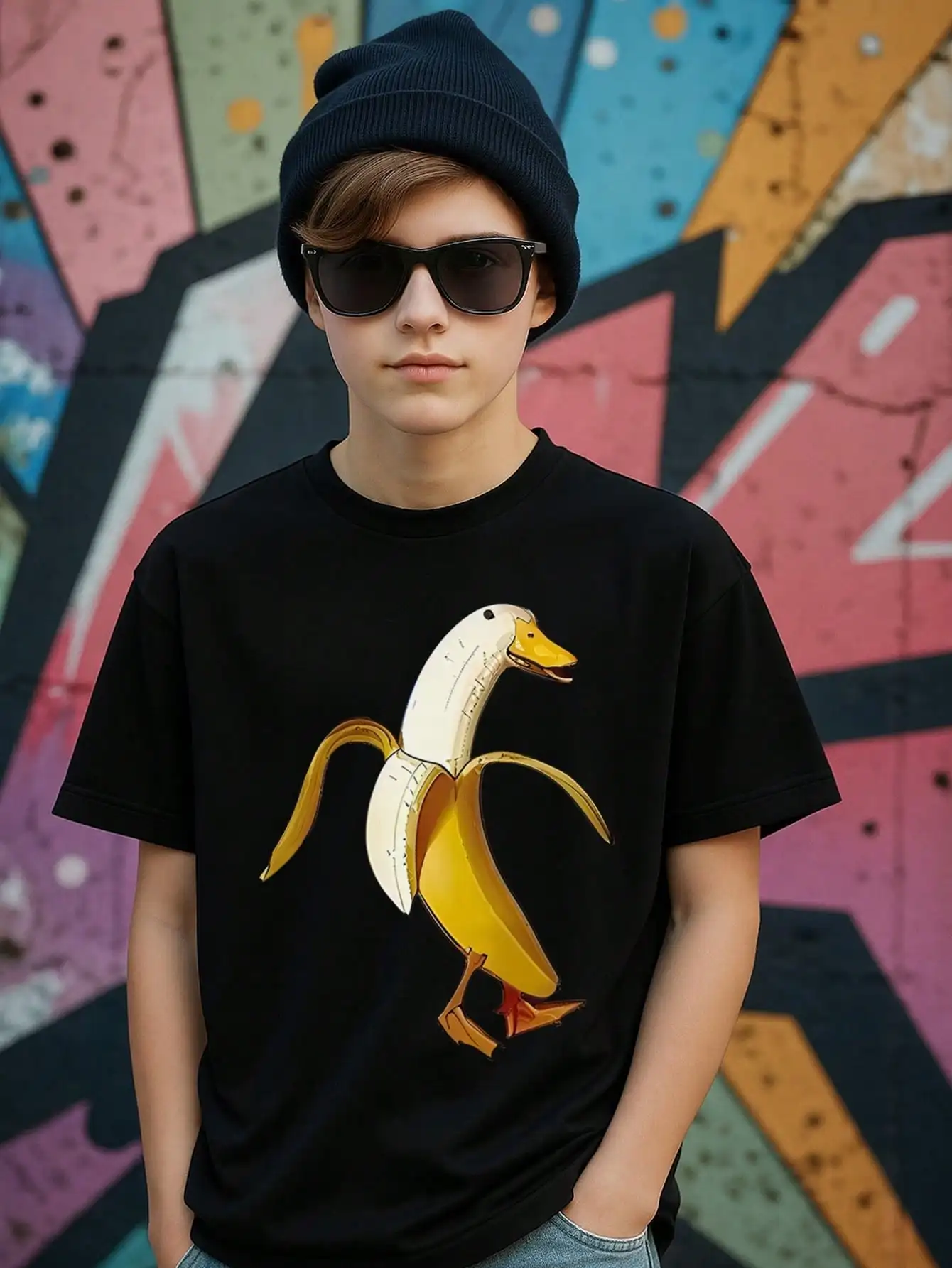 

Tween Boys Banana Animal Graphic Cotton Tees, Black Casual Summer Tops With Cartoon Art