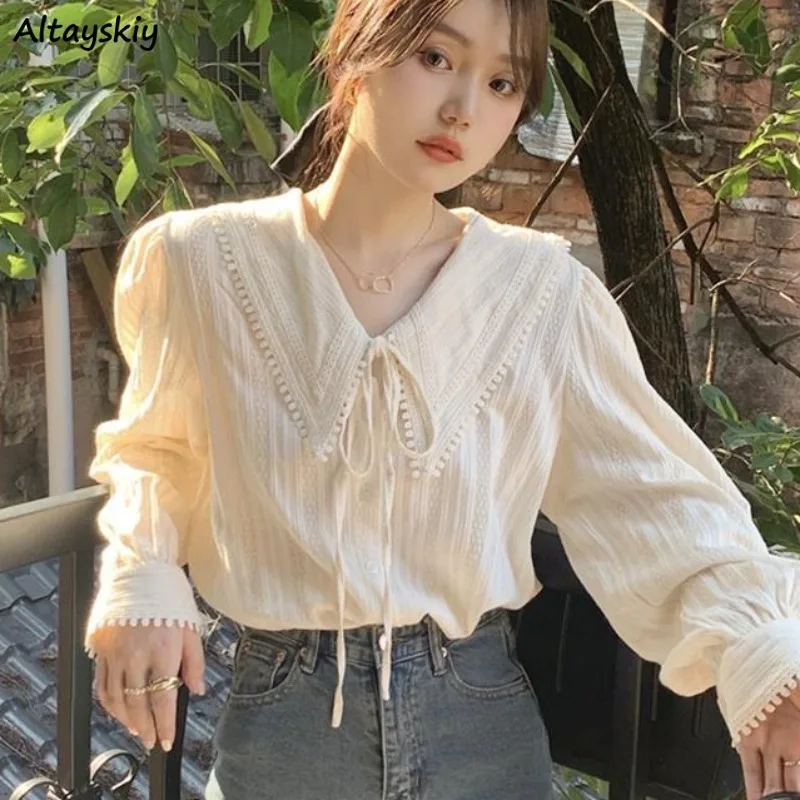 

Chic Shirts for Women Korean Style Peter Pan Collar Design Long Sleeve Lovely Girls Clothing Spring Soft Fashion Student Elegant