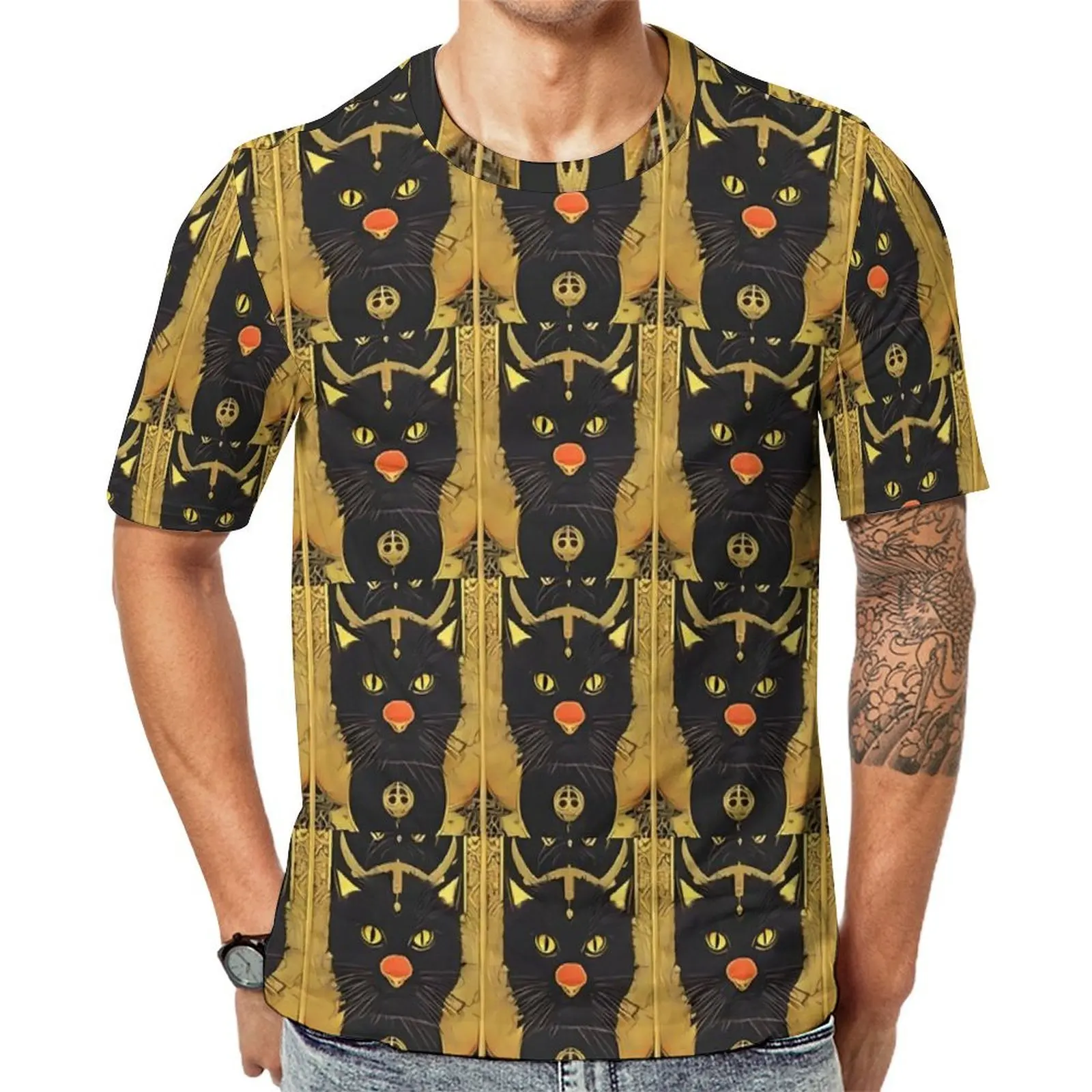 Men Retro Tarot Card T-Shirt Black Cat Print Vintage T-Shirts Short Sleeve Graphic Tops Hot Summer Kawaii Oversized Clothing