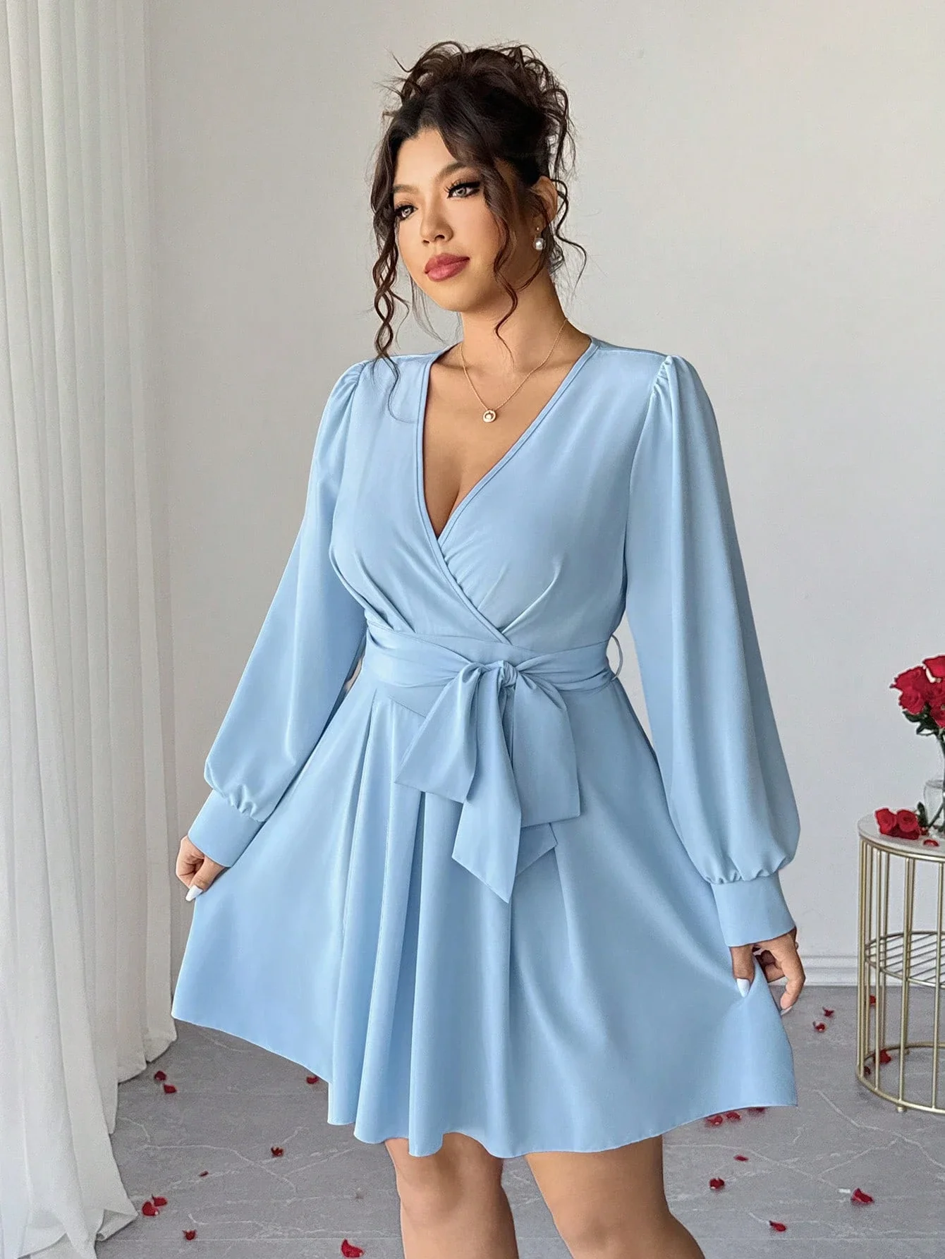 

Plus Size Women V-Neck Long Sleeve Bow Tie Waist Flared Elegant Dress Baby Blue