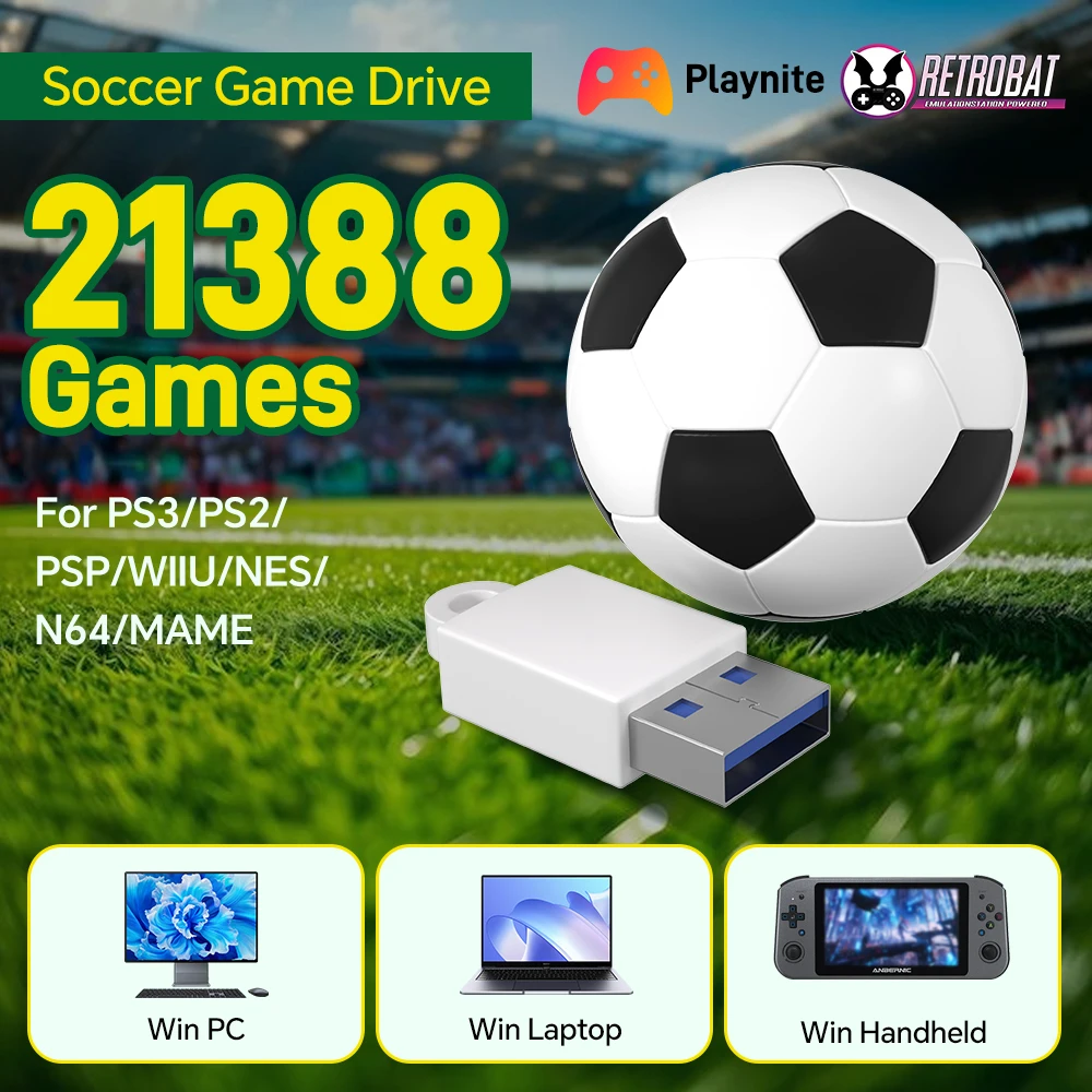 

256G Soccer Game Drive with 21388 Select Soccer Games for Win PC/Laptop/Handheld Game Console Emulator for PS3/PS2/PSP/WIIU/MAME