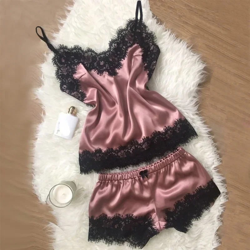 Pijama Sexy de seda para mujer, Conjunto de pijama de encaje negro con cuello en V, Top con tirantes y pantalones cortos, ropa interior para el hogar, vestido