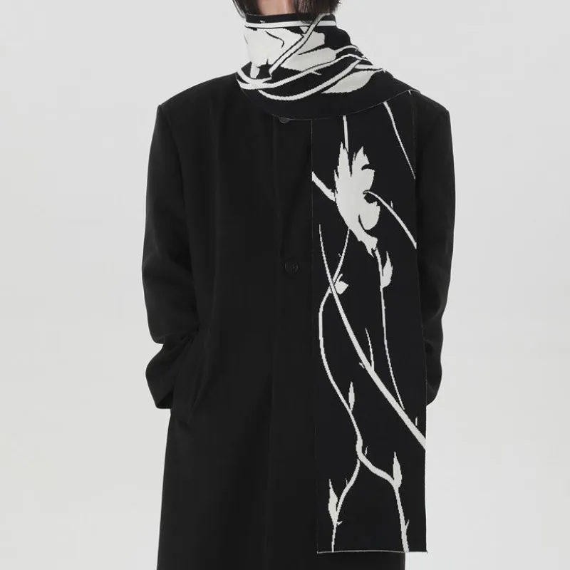 

Chinese Style Unisex Black White Artistic Conception Scarf Gentlemen Double-sided Knitted Shawl Autumn Winter Warm Scarf Gang