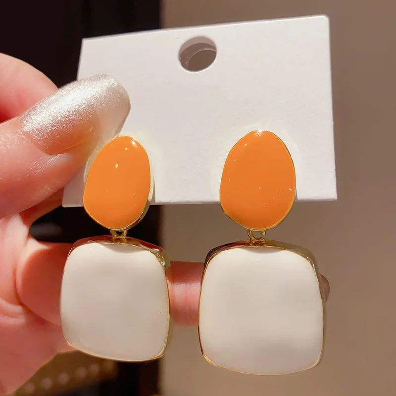 New Orange White Dropped Glaze Geometric Earrings for Women Small Design Sense Advanced Earrings Simple Versatile Style