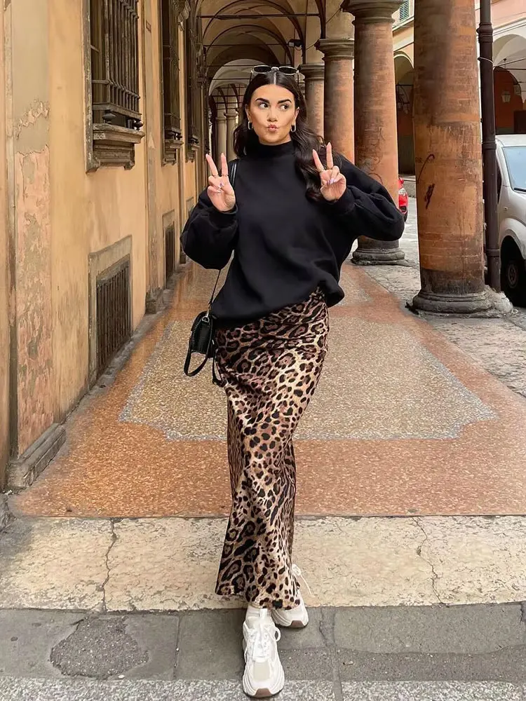 Hh 2024 feminino elegante midi saias retro leopardo impressão de cintura alta cetim a linha moda feminina bottoms streetwear saia midi