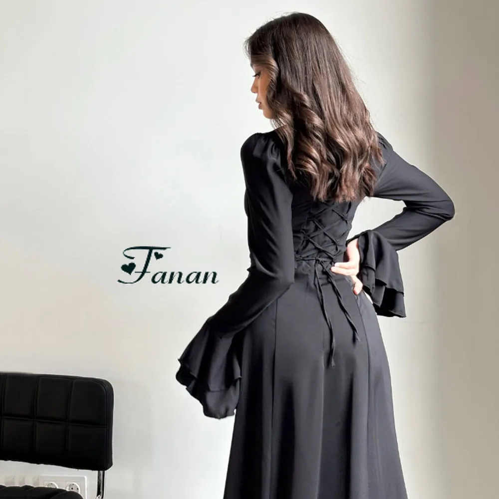 Customized Black A-line Jersey Evening Dresses Square Collar Full Sleeves Party Prom Gown Draped Lace-up Floor Length Prom Dress