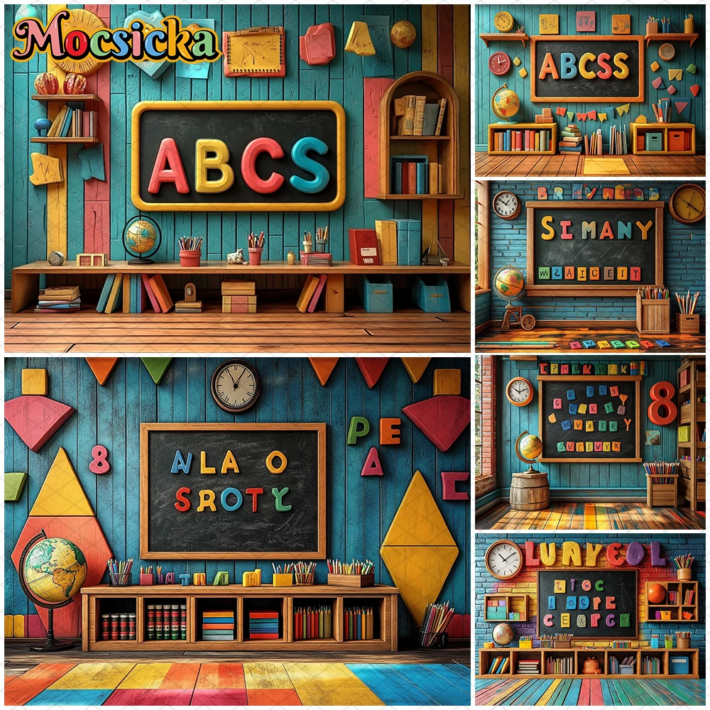 

Mocsicka Blackboard Letter Backdrop Photography Back To School Pencil Book Clock Globe Decor Kid Student Photo Background Banner