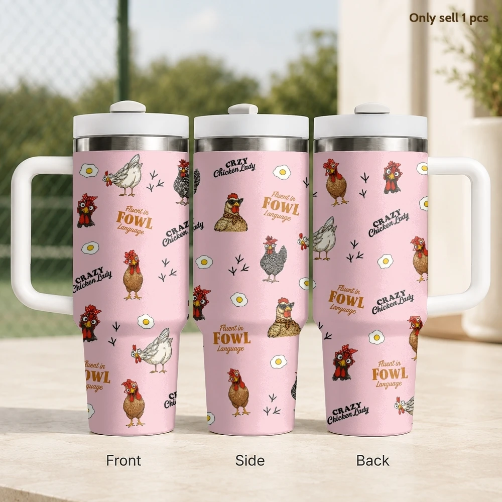 Crazy Chicken Lady Pattern Vacuum Flasks 40oz Stainless Steel Insulated Tumbler With Handle & Straw Leakproof Travel Mug