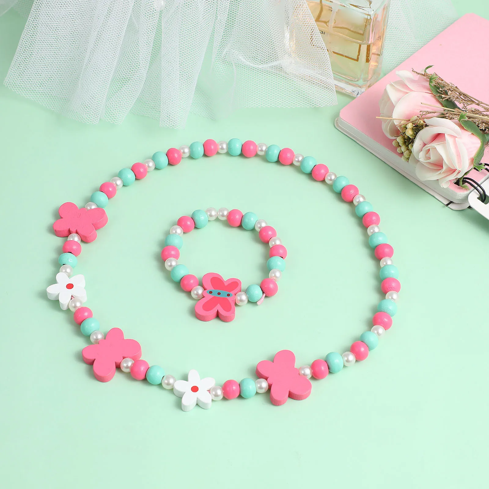 

2Pcs Wooden Beads Necklace Bracelet Set Premium Handmade Safe Burrs-Free Children Jewelry Fun Party Favors Trendy Accessories