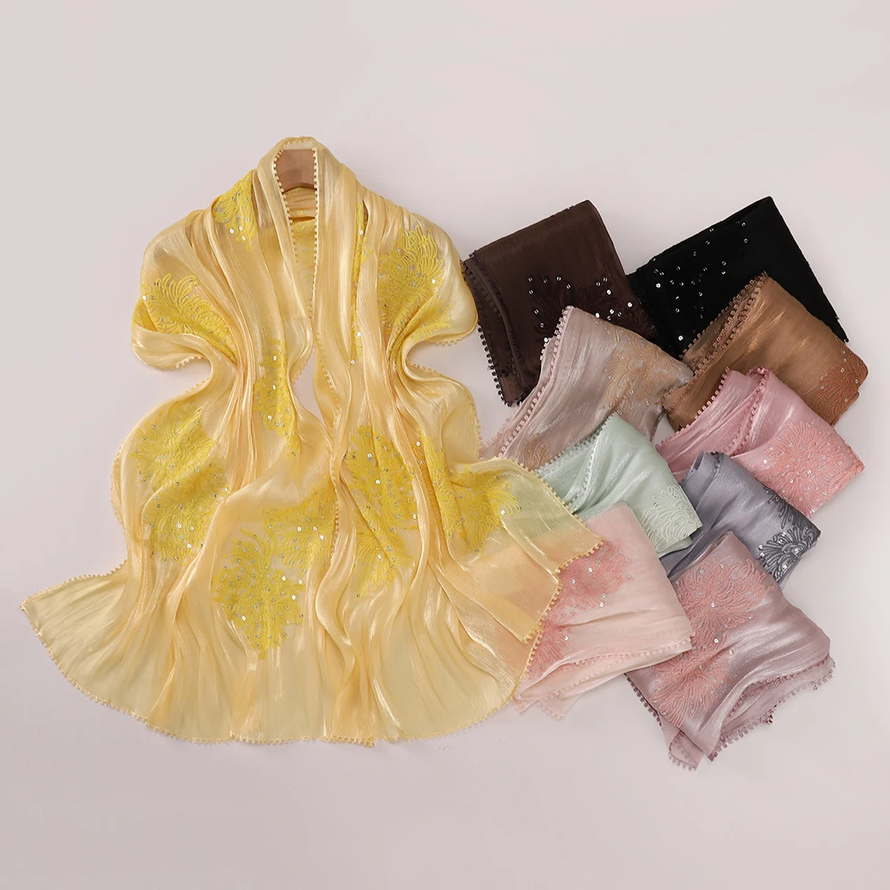 Blumenbestickter Hijab mit Funkelnden Pailletten, Glänzender Schal, Atmungsaktiver Islamischer Damenschal, Party-Gebetstuch, Kopftuch – Detail 9