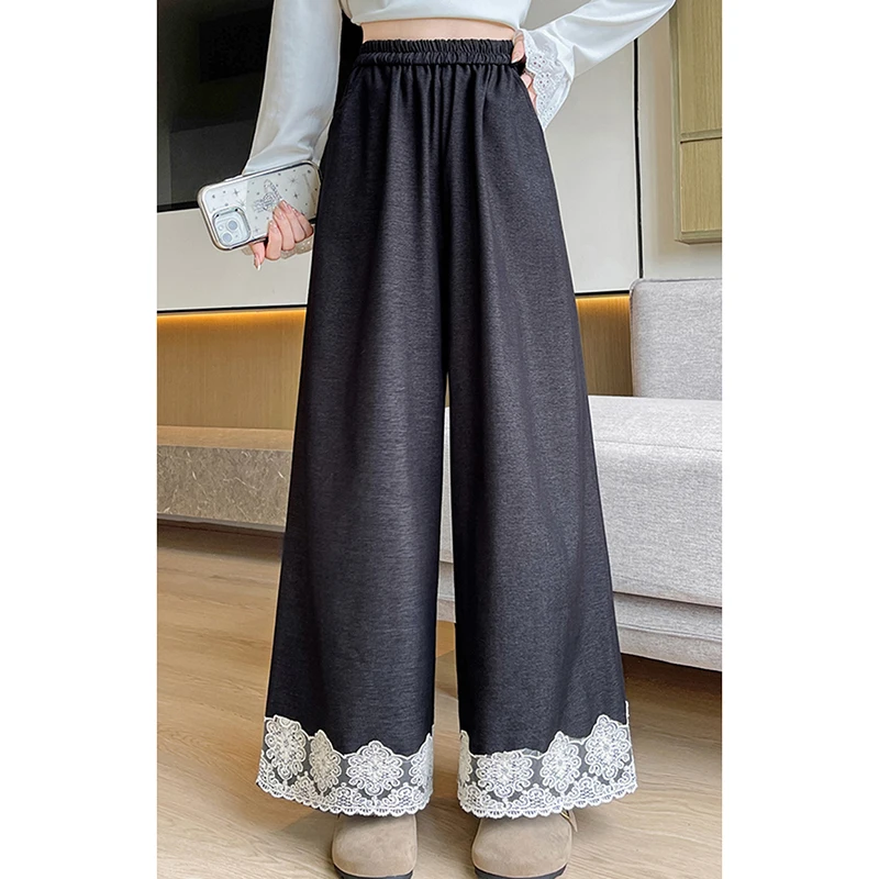 Women Korean Soft Denim Jeans High Waisted Sweet Lace Patchwork Wide Leg Pants Casual Fashion Elegant Spring Lazy Blue Trousers