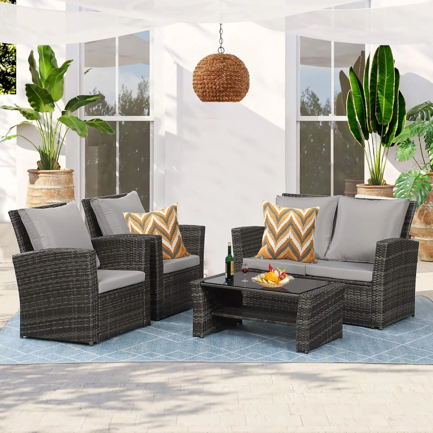 All-Weather Wicker Patio Móveis Sets, Outdoor Rattan sofá secional, cadeira com almofadas e mesa de café, 4 PCs