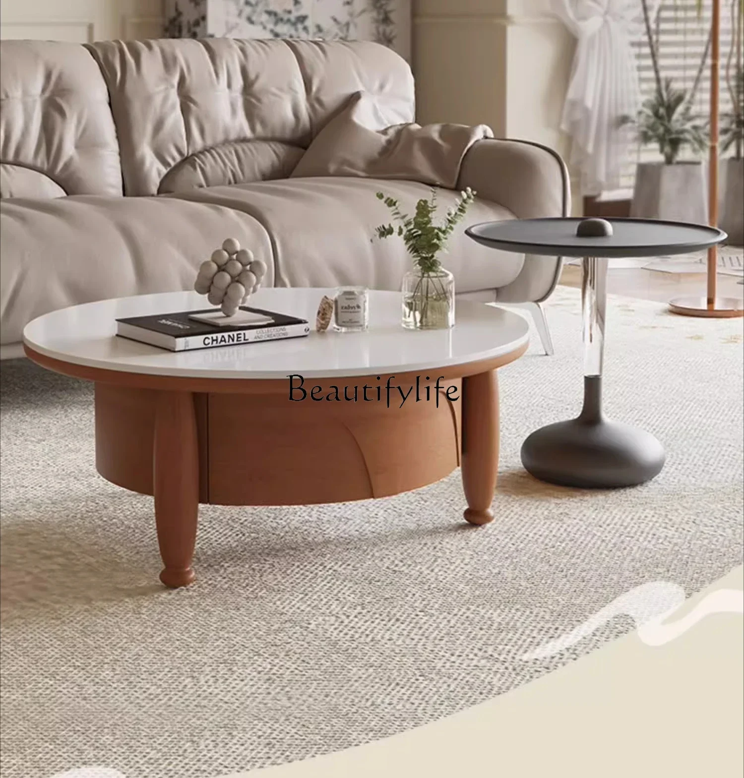 

FG28*French cherry wood rock slab storage coffee table size round combination original designer