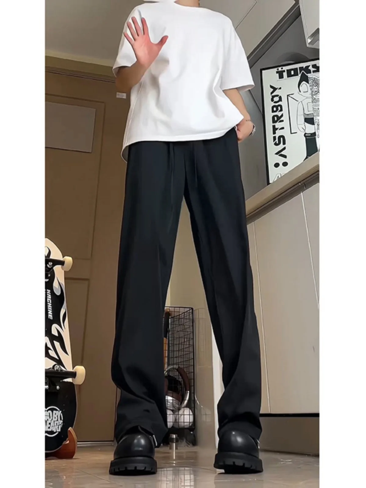 Pure Bla Ice Silk Qui Dry Extended Straight Leg Pants for Teenage Boys Casual Loose Fit Low Waist Long Summer Trousers