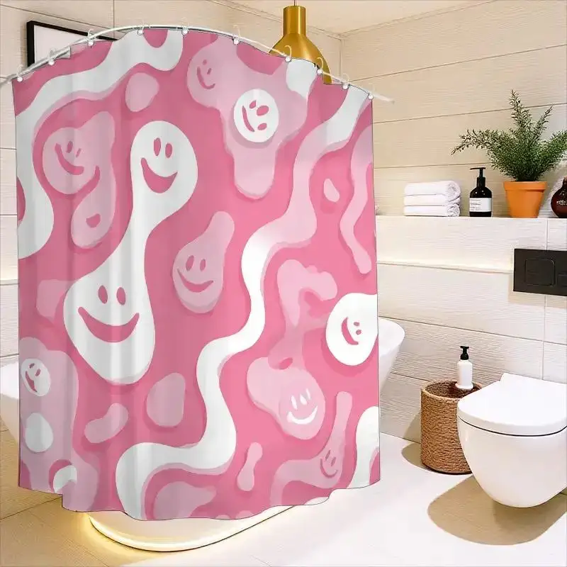 Pink  Face Shower Curtain - Groovy Liquid Pattern, Retro Happy Face Print, Waterproof Bathroom Decor, Abstract Bath Curtain