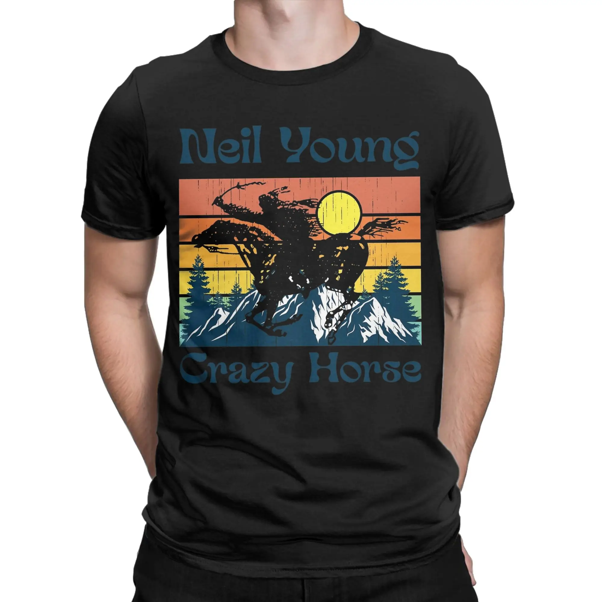 Vintage Crazy Horse Neil Young T-Shirts Men  Vintage Cotton Tees Crew Neck Short Sleeve T Shirt Gift Idea Tops