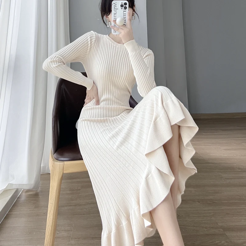 

Women Elegant Ruffle Hem Knit White Long Dress O-Neck Long Sleeve Bandage Dresses 2024 New Evening Party Robes OL Female Clothes