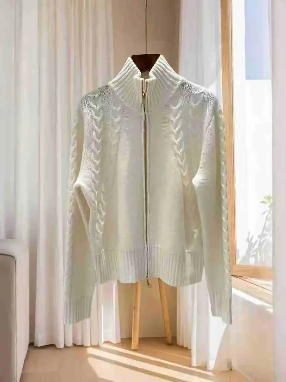 Women's Twisted Sweater Coat Zipper Wool Cashmere Lady Stand Collar Knit Cardigan Autumn Winter
