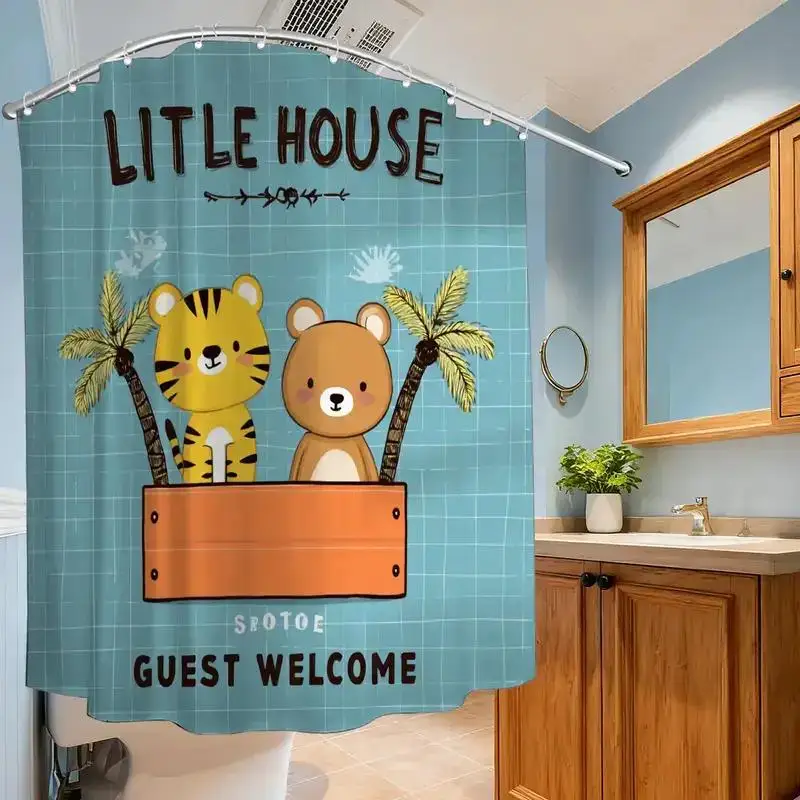 

Занавеска для душа Little House – милые тигр и медведь в деревянном ящике, пальмы, надпись «Добро пожаловать», 12 крючков, водонепроницаемый детский декор
