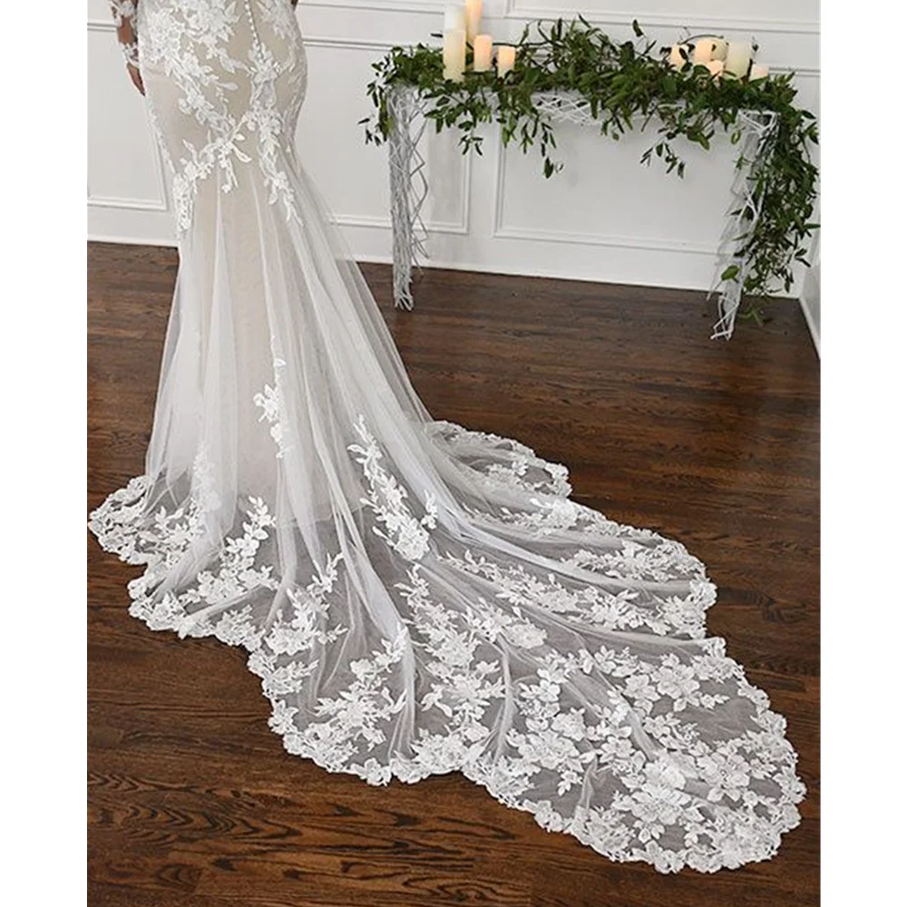 Lange Trein Lace Geappliceerd Mermaid Wedding Jurken Volledige Mouwen Sheer Hals Backless Sexy Bohemian Beach Bruidsjurken 2023 Zomer