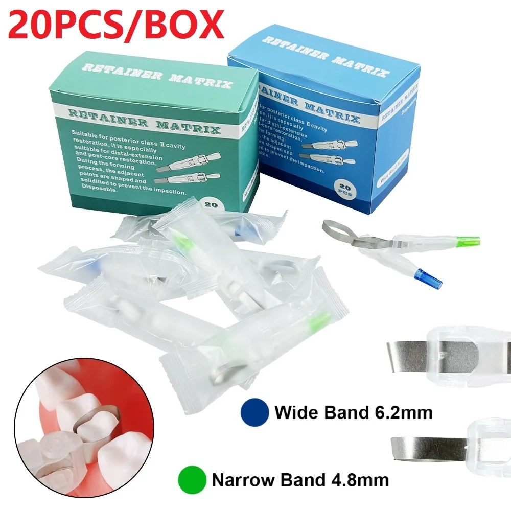 

20 шт., контурная лента для стоматологической матрицы, нержавеющая сталь, 4,5/6 мм, предварительно формованные изогнутые металлические матрицы, регулируемая кольцевая система, стоматологические инструменты