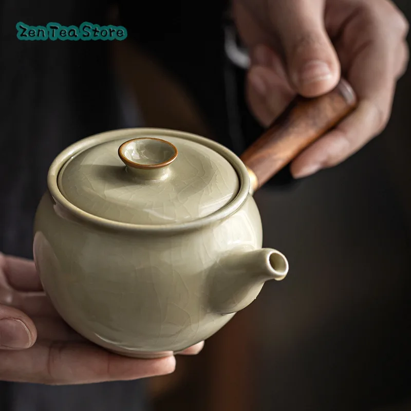 Mihuang Ru Kiln Anti-ironing Wood Handle Side Teapot Ceramic Home Retro Open Piece Can Be Raised Kung Fu Tea Single Pot Tea Set