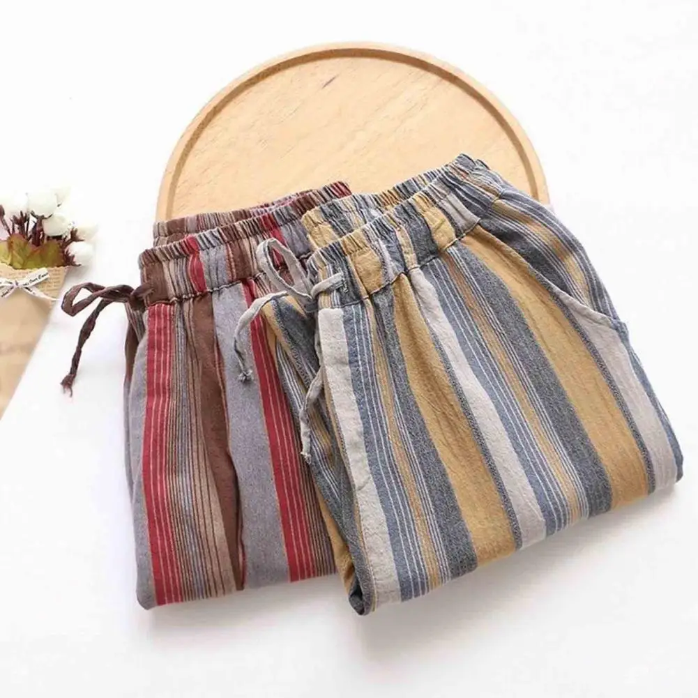 Cotton Linen Blend Trousers Stylish Vertical Stripe Pants Women's Striped Linen Wide Leg Pants Summer Casual Trousers 80%