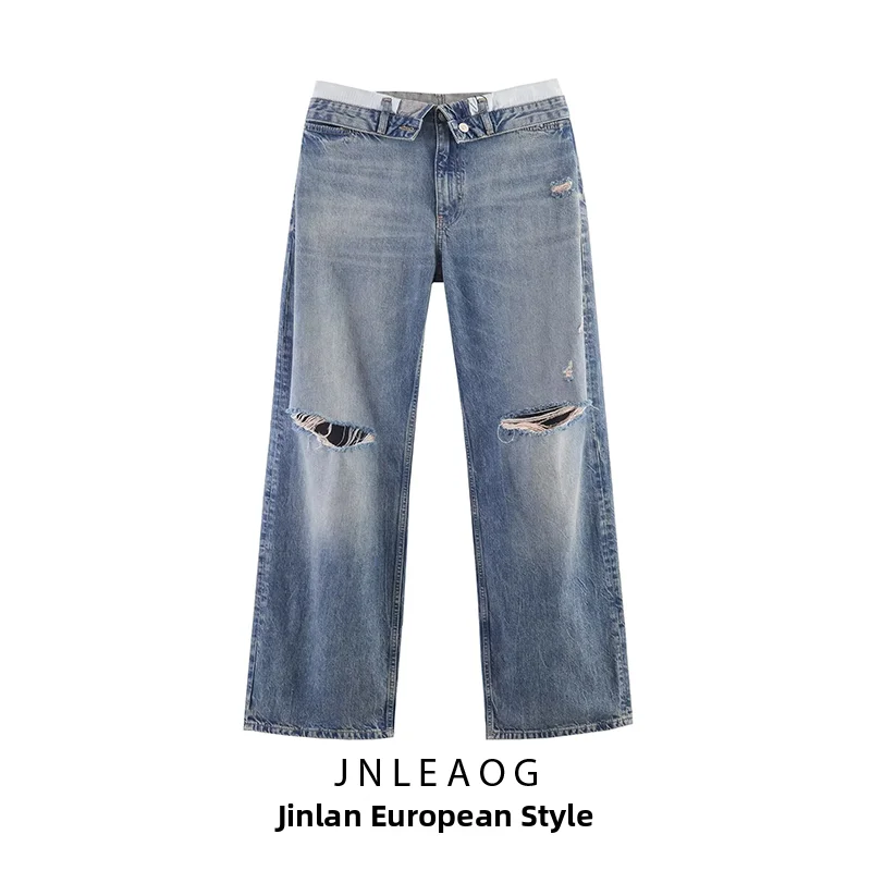 JNLEAOG Summer New Women's Comfortable Daily Mid-Waist Cuffed Denim Jeans Straight Leg No Stretch Polyester Fabric Button Clo...