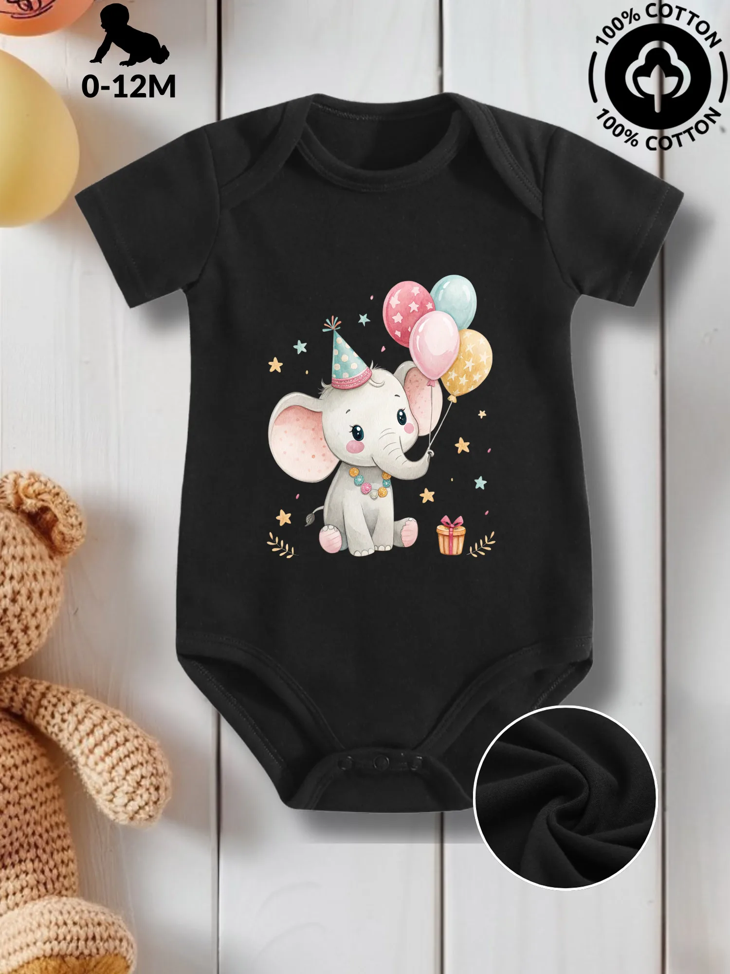 

Happy Birthday Elephant Unisex Baby Crawling Suit, Pure Cotton Skin Care Onesie, All-Season Wear Black Bodysuit 190GSM