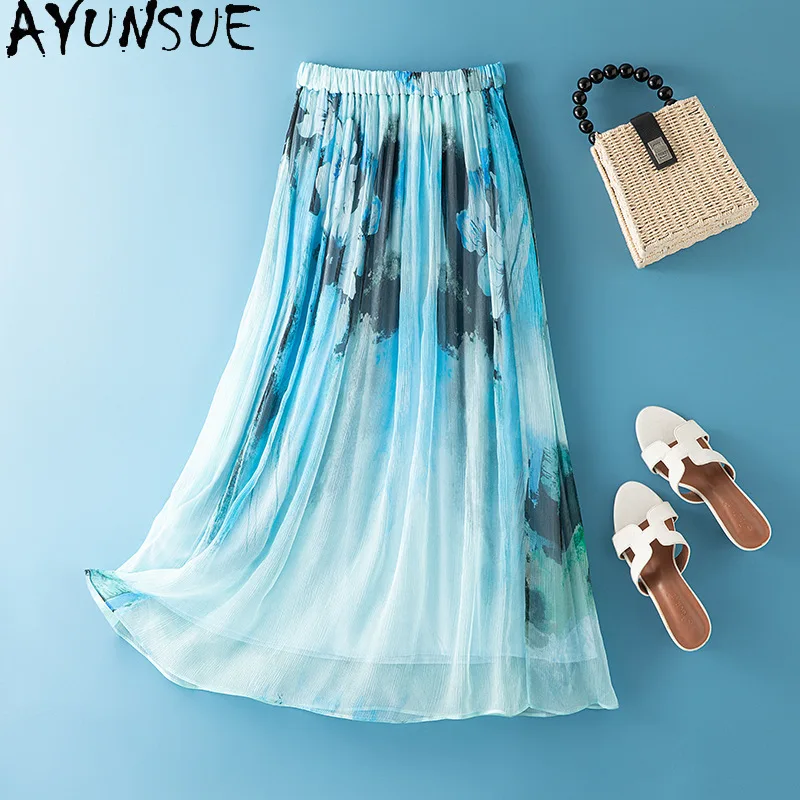 AYUNSUE Natural Silk Women's Skirts Stylish High Waist Skirts for Women Vacation Style A-line Skirt Woman Clothes Юбка Женская