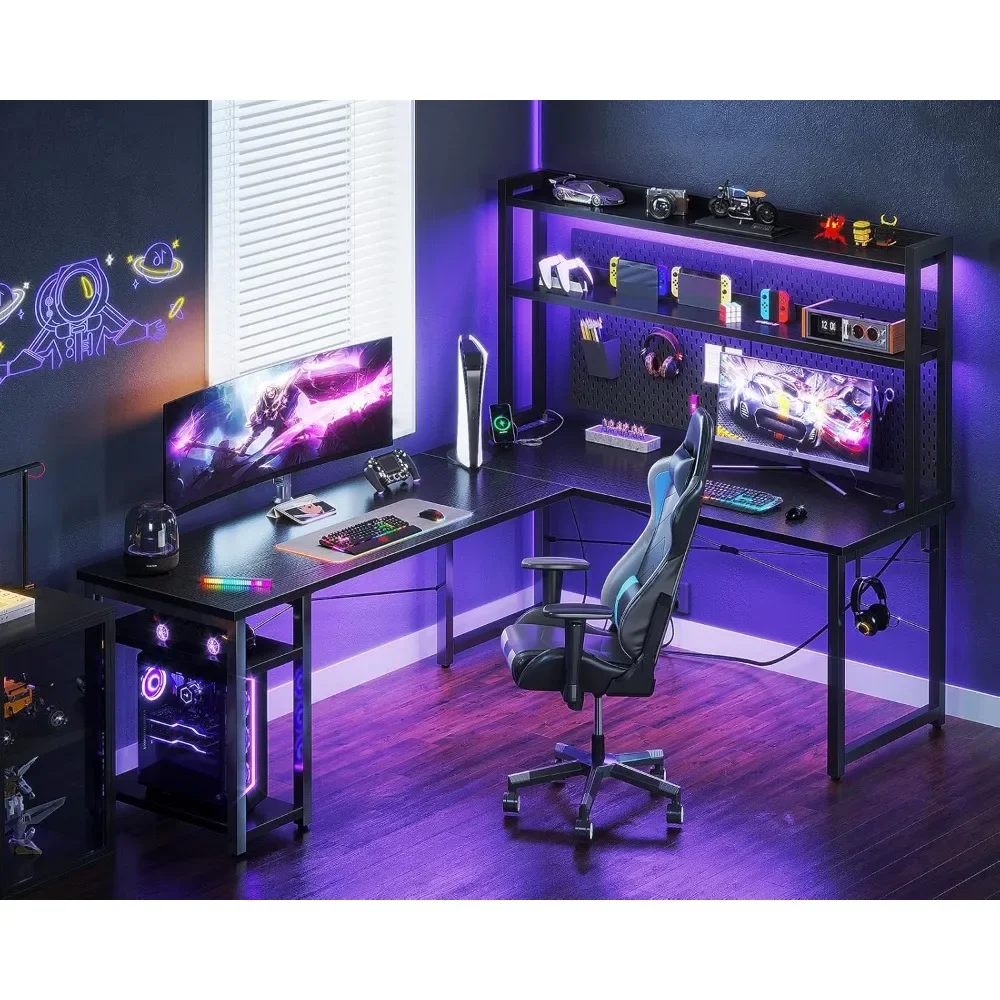 L Shaped Gaming Desk with Hutch & Power Outlets & LED Strips & Monitor Stand,  Reversible Computer Desk with Storage