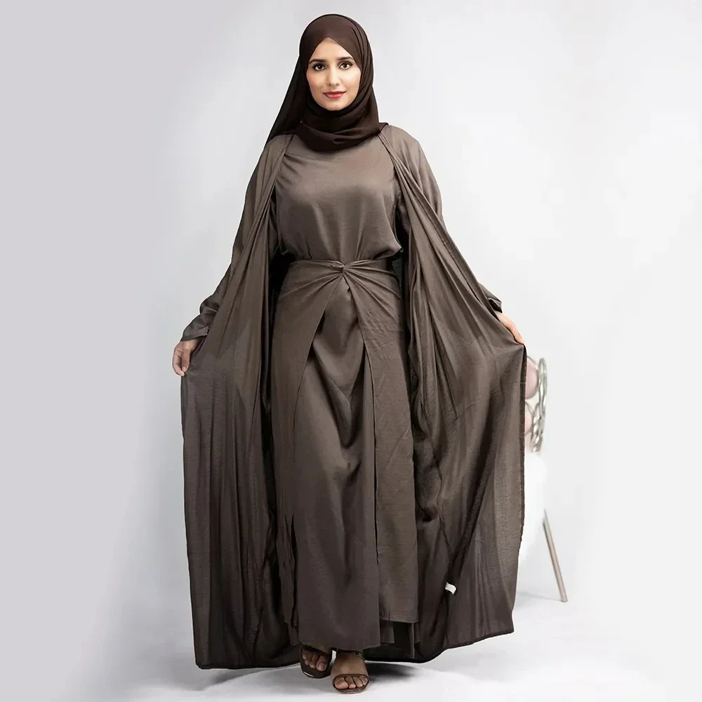 3 Piece Abaya Set Ramadan Eid Islamic Clothing Muslim Woman Satin Matching Hijab Kimono+Inner Dress+Wrap Tie Skirt Dubai Outfits