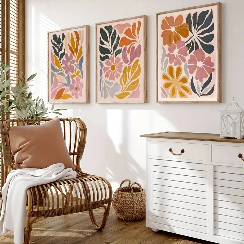 

3pcs/Set Abstract Floral Bohemian Minimalist Pastel Printed Canvas Posters Living Room Bedroom Kitchen Home Office Decoration