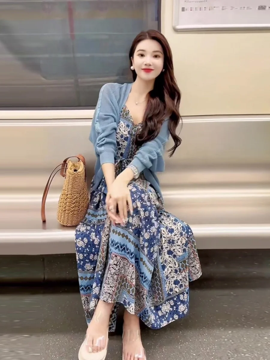 Set Rajutan Biru Ele Musim Semi, Gaun Panjang Wanita Ukuran Kecil, Gaun High End untuk Istirahat Teh, Gaun Midi A-Line, Gaun Kasual Chic