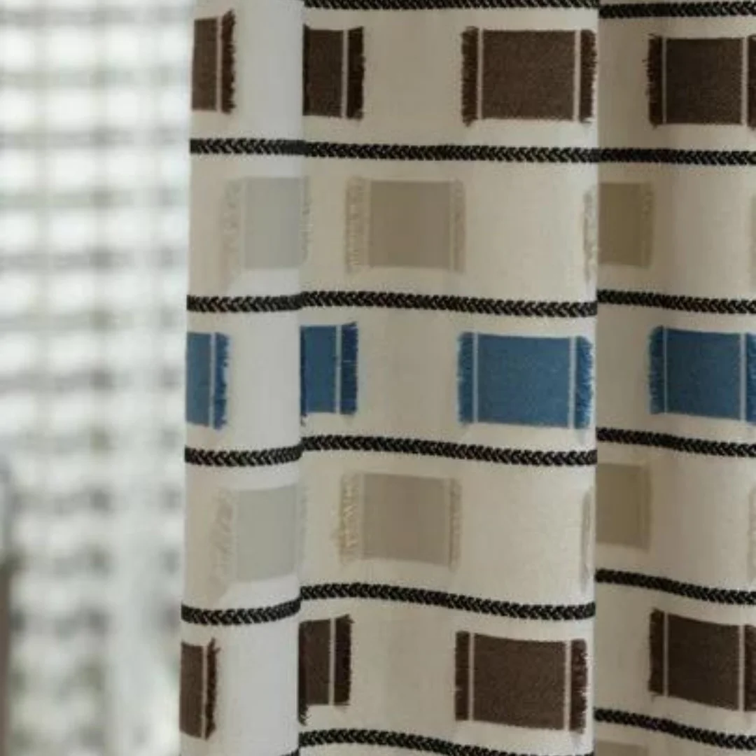 3D Textured Square Patchwork Curtain, Two Tone Coffee White Farmhouse Window Curtain