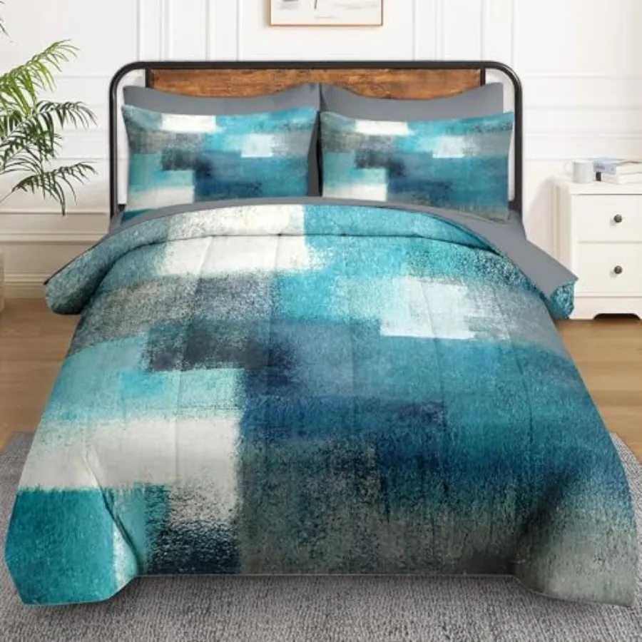 7 Pcs Size Comforter Set with 2 Pillowcases and 2 Shams Turquoise Grey Painting Bedding for and Adults Teal Contemporary Gray B