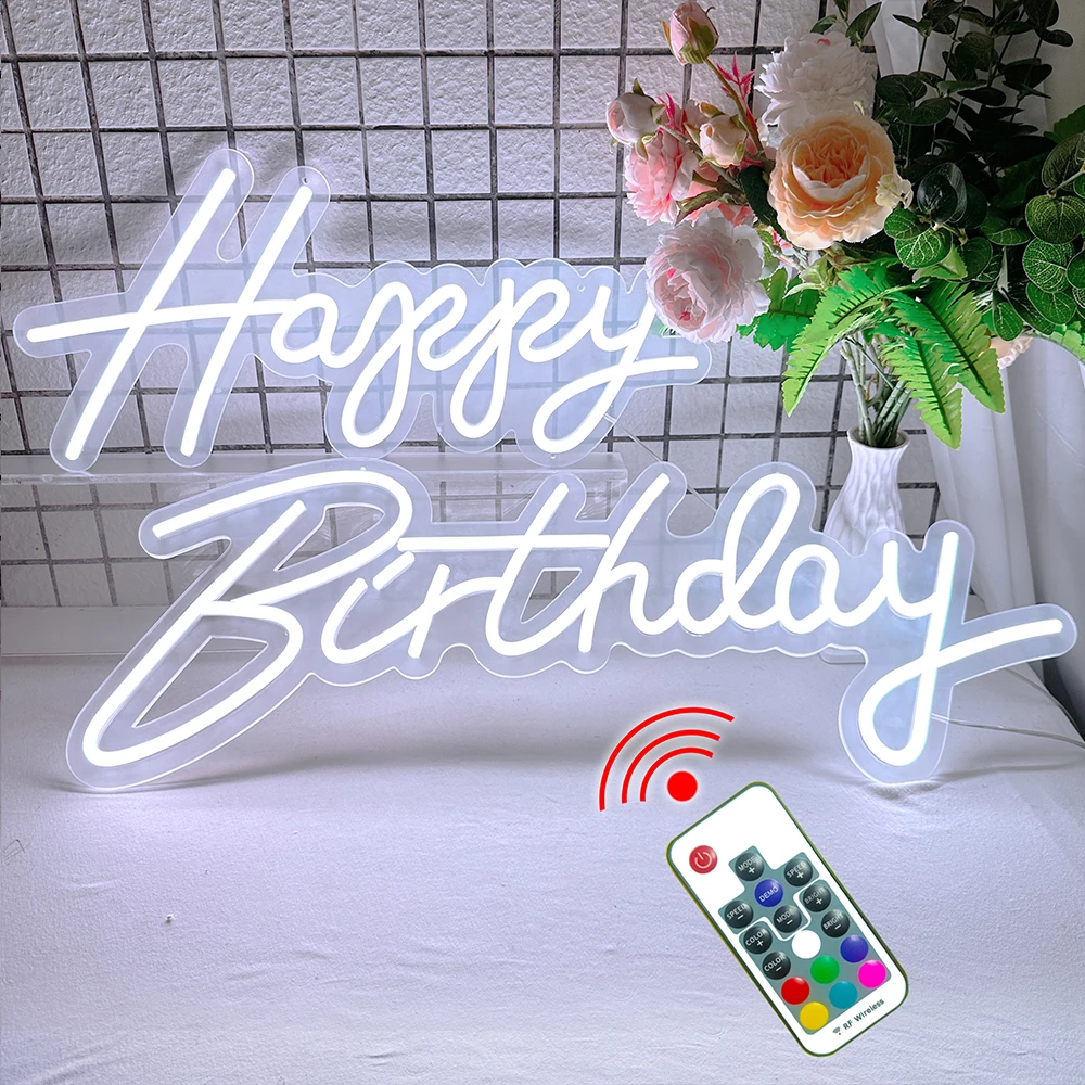 Happy Birthday 30 Inches LED Neon Lighted Sign Transparent Acrylic Base Neon Sign for Birthday Backdrop Decor Party Favors