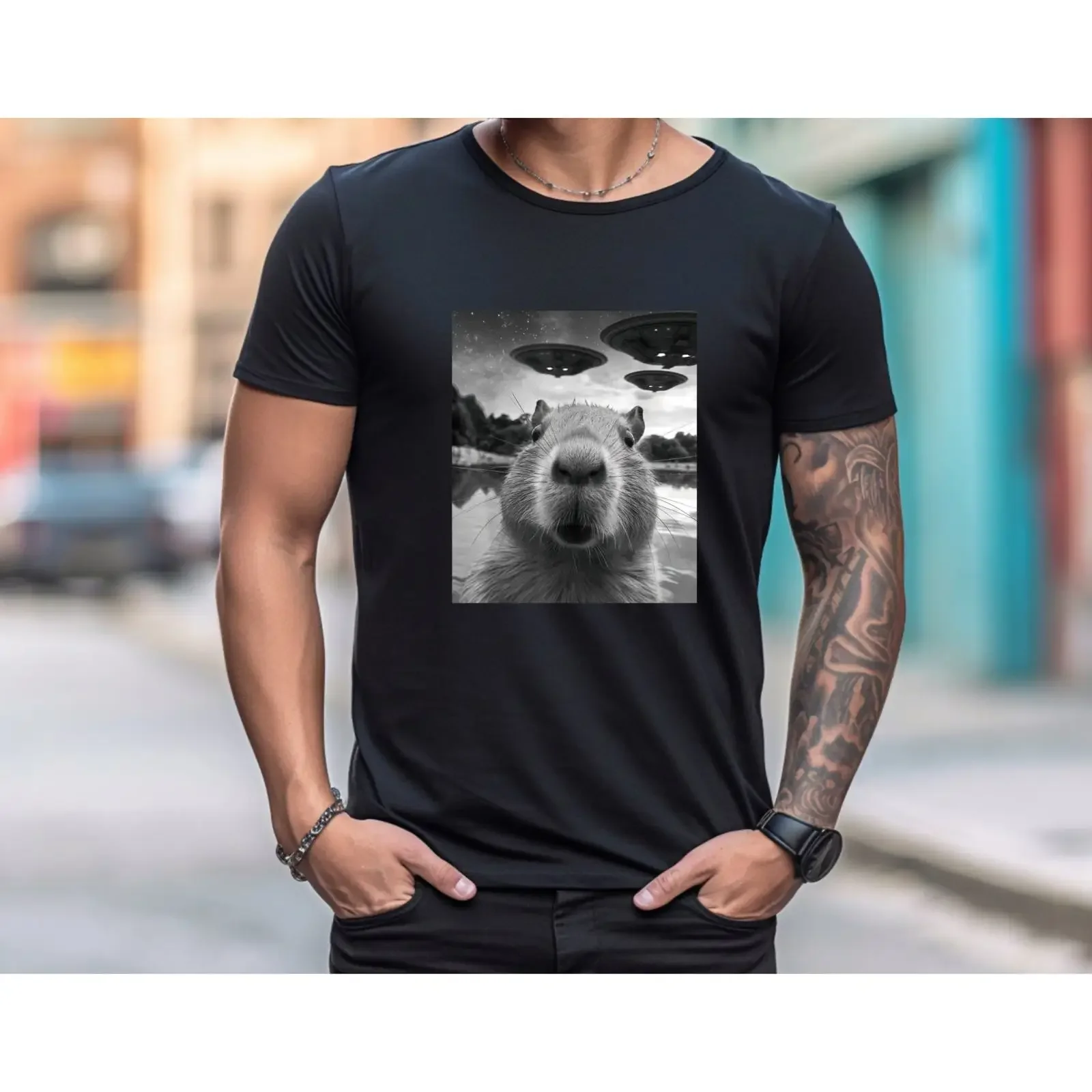 Men's Funny Capybara Selfie with UFO Spaceship T Shirt Casual Themed for Him Dad vintage Washed streetwear Stretched