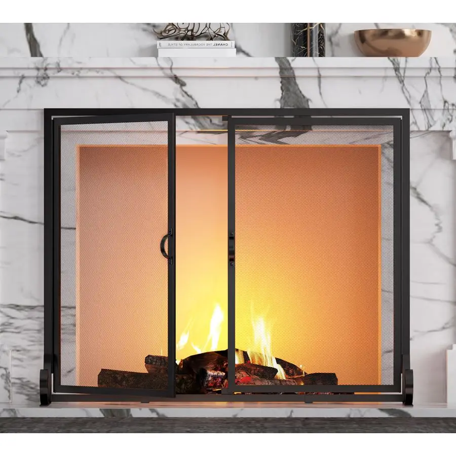 شاشة مدفأة بأبواب مفصلية، إطار فولاذي مطلي بالمسحوق، شبكة معدنية، فولاذ صلب مصنوع يدويًا، تصميم ديكور