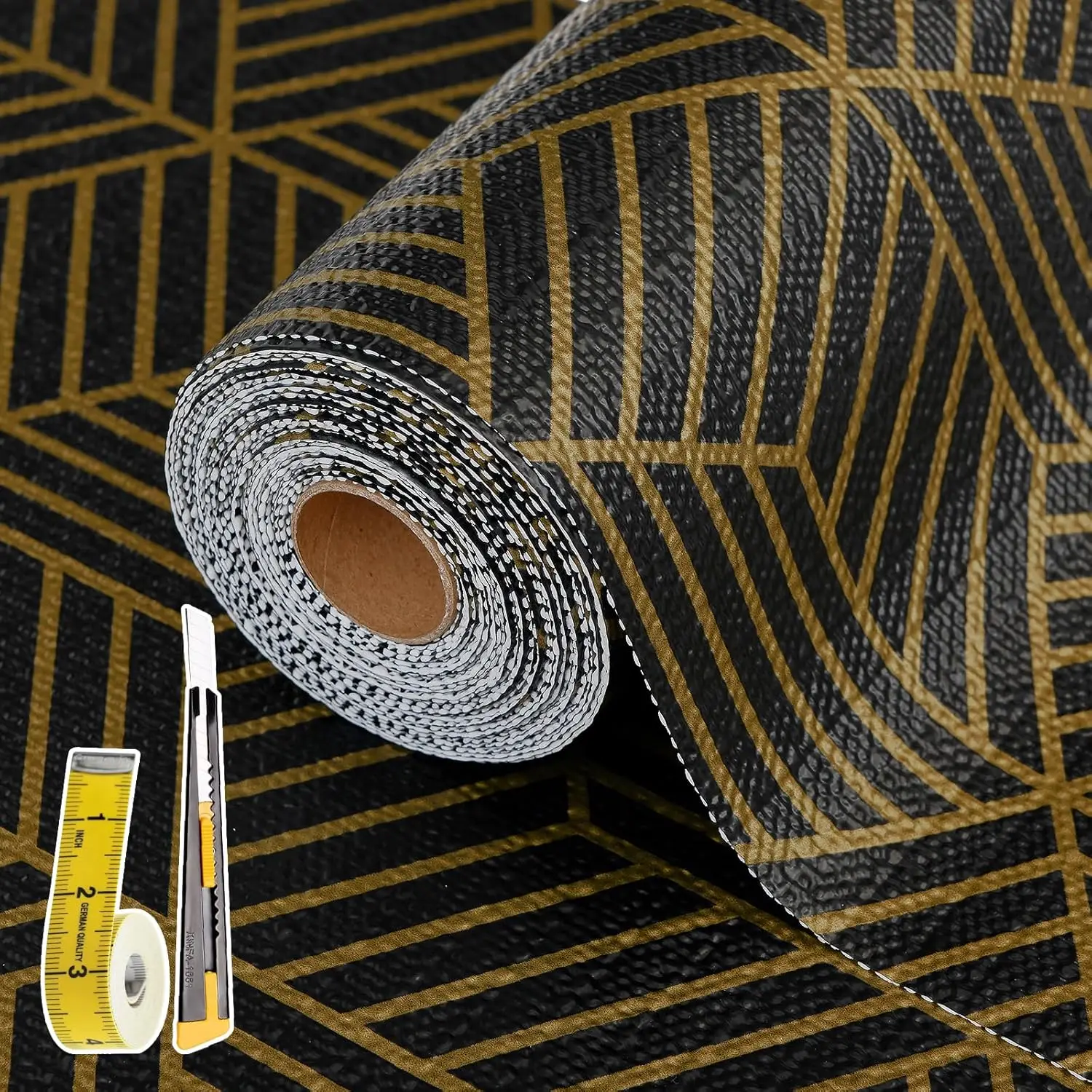 

Наклейки-вкладыши для кухонных шкафов 23 дюйма x 20 футов, нелипкие, прочные, нескользящие, черно-золотые, с геометрическим узором, для ящиков, Eas