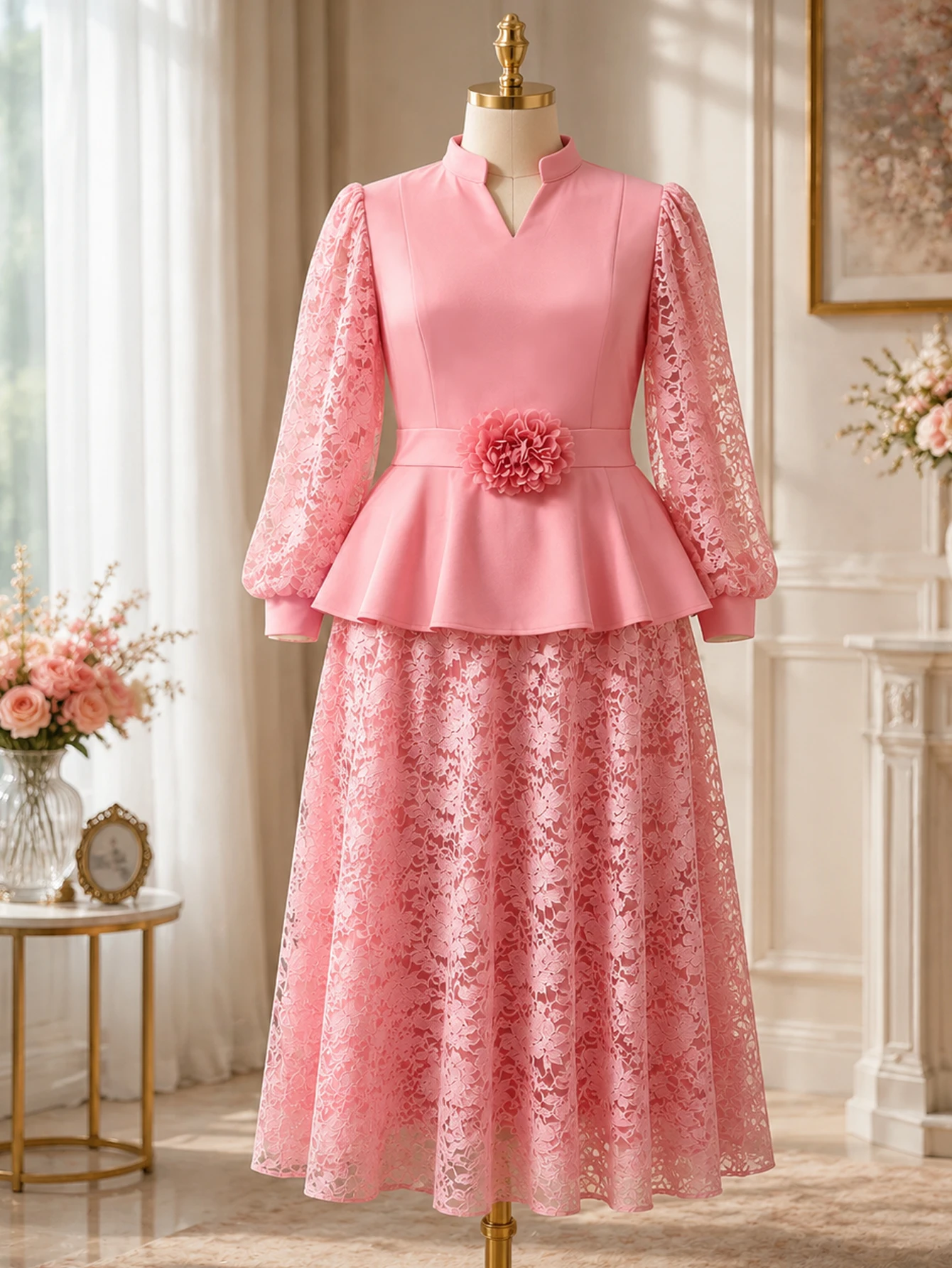 Elegant Women Lace Two Piece Set Stand Collar Lantern Sleeve Peplum 3D Floral Top Skirt Party Church Wedding Guest Event Outfit