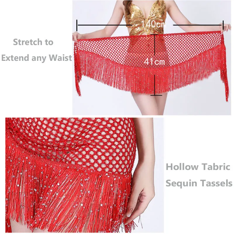 Women Adjustable Sequins Glittery Belly Dance Hip Scarf Tassel Fringe Dancewear Tribal Indain Practice Dancing Skirt Wrap Belt C