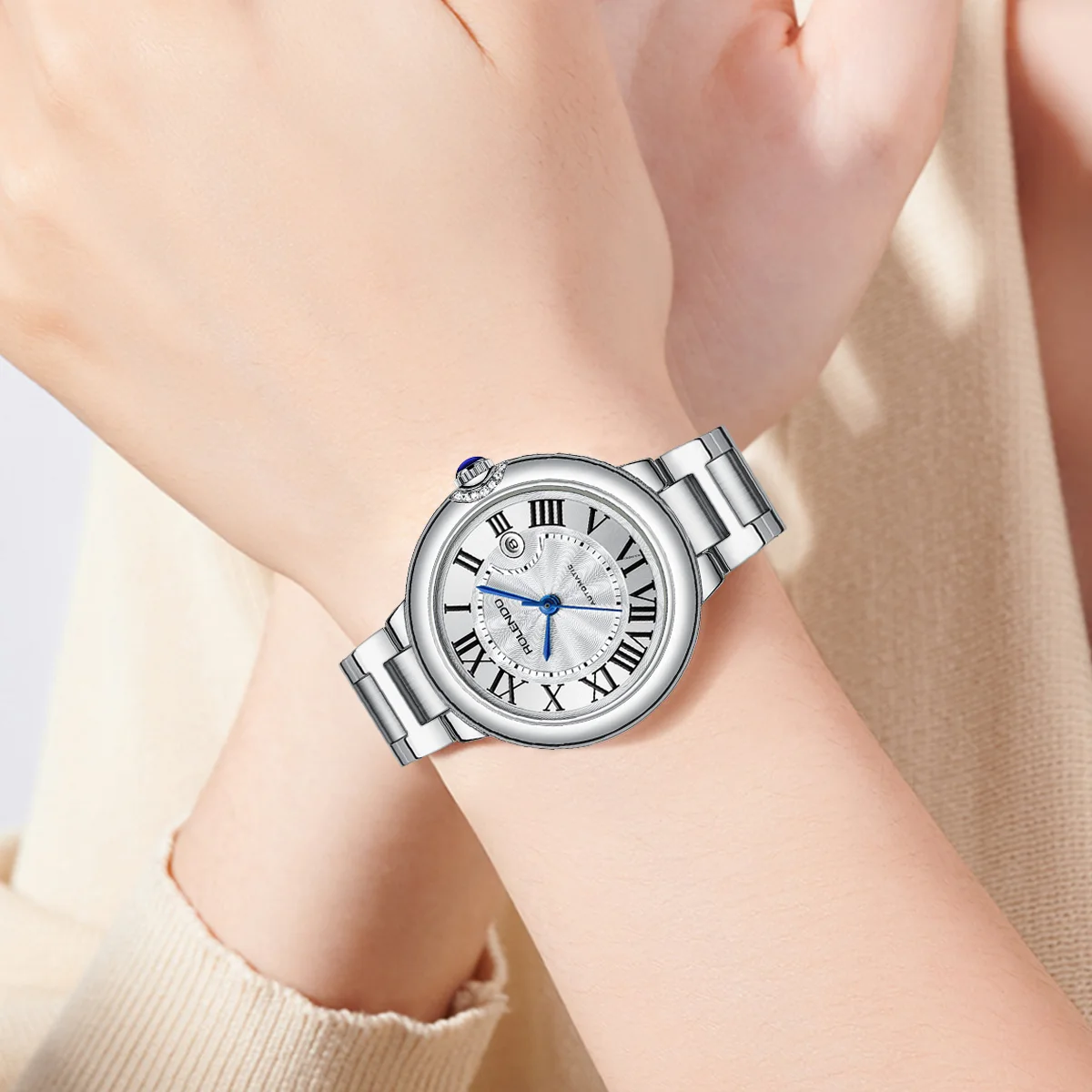 ROLENDO Blue Balloon Women's Mechanical Watch 33mm Sapphire Glass Silver Stainless Steel Water Resistant 30M Date Display Luxury
