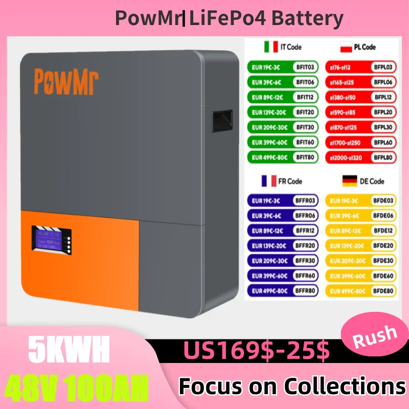 PowMr 51.2V 100Ah Powerwall LiFePo4 Lithium Battery 5.12KWh 16S BMS Wall-Mounted Energy Storage Battery Solar Home Power Supply